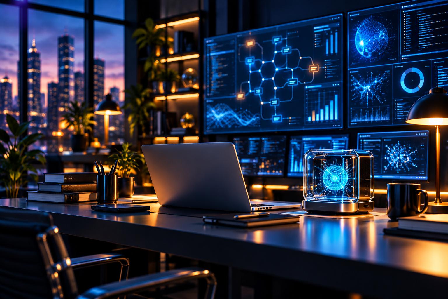 Espacio de trabajo profesional con paneles de analítica y un prototipo de inteligencia artificial iluminado en azul