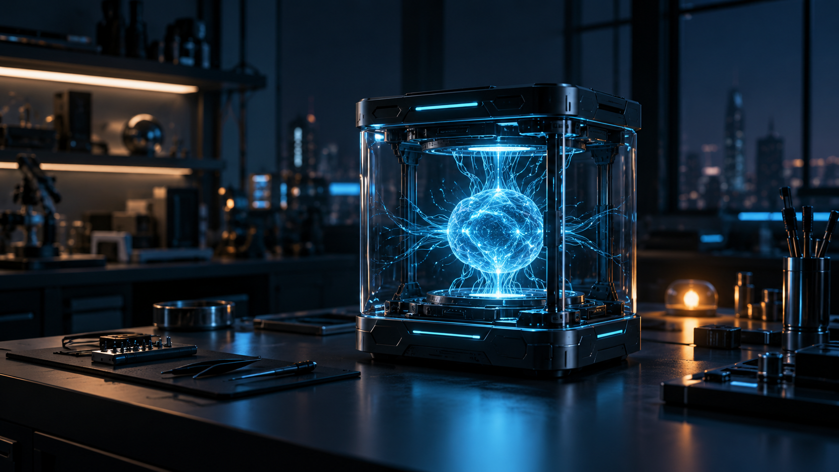Artefacto de inteligencia artificial iluminado dentro de un laboratorio digital