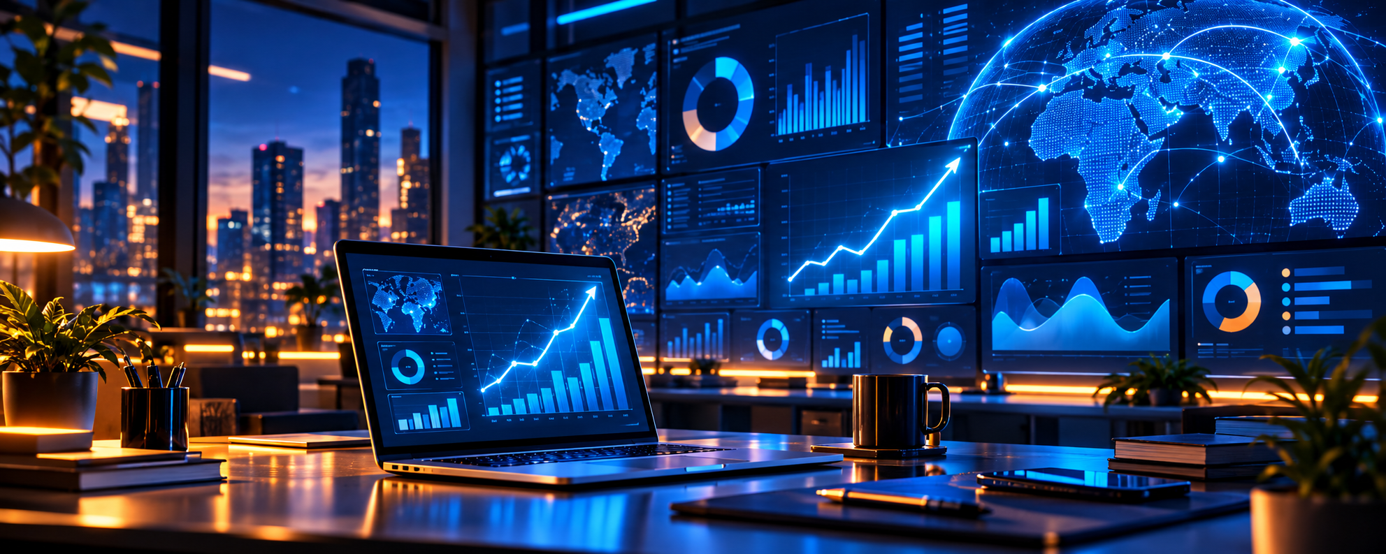 Pantallas con visualizaciones de datos en un estudio tecnológico nocturno